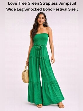 Love Tree Green Strapless Jumpsuit Wide Leg Smocked Boho Festival L